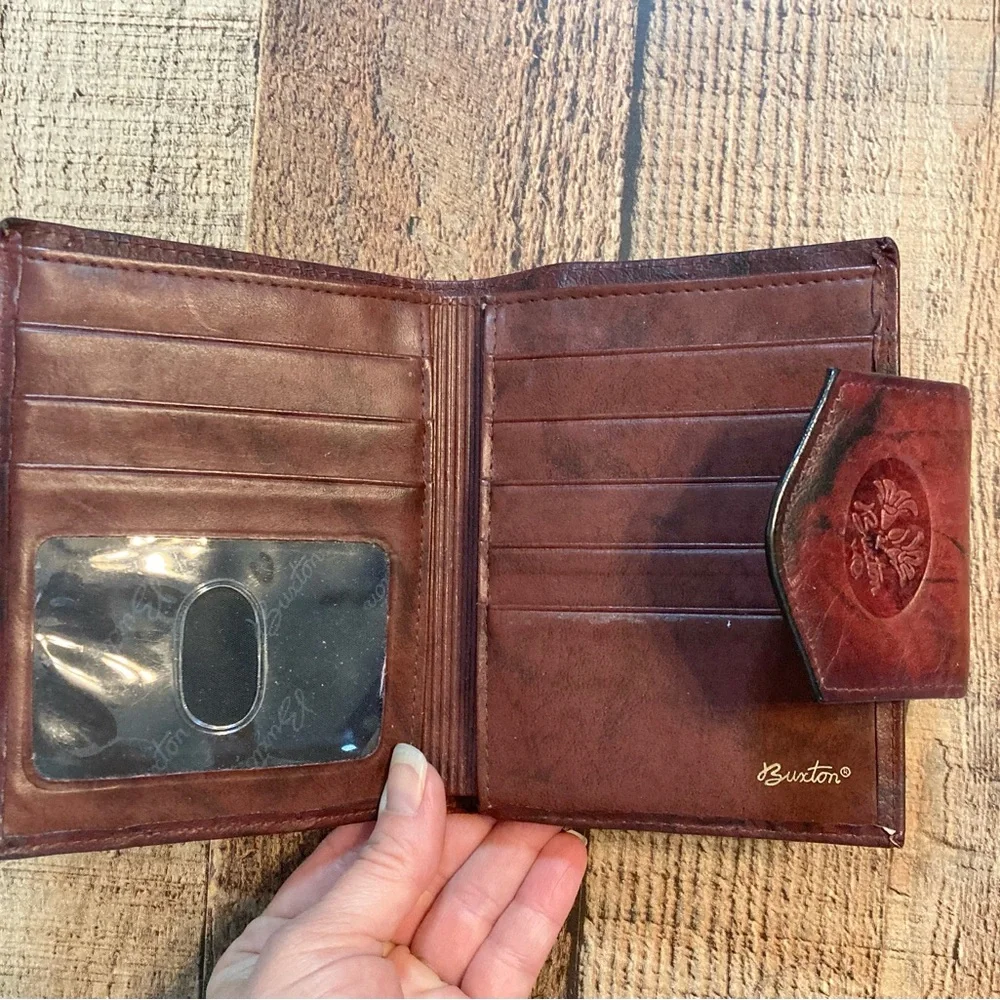 Buxton Vintage Marbled Mahogany Leather Bifold‎ Kisslock Coin Pouch Wallet
